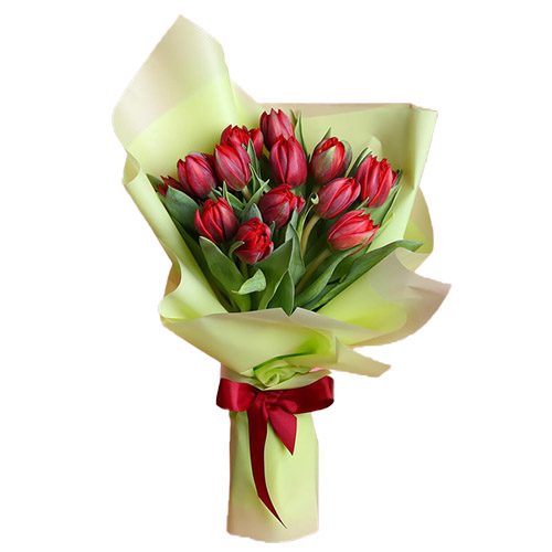 Фото товара 15 красных тюльпанов в зелёной упаковке в Трускавце