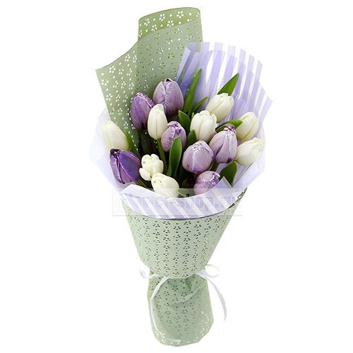 Фото товара 15 біло-фіолетових тюльпанів в Трускавце