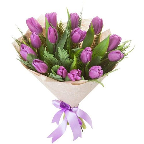 Фото товара 15 фіолетових тюльпанів з декором в Трускавце