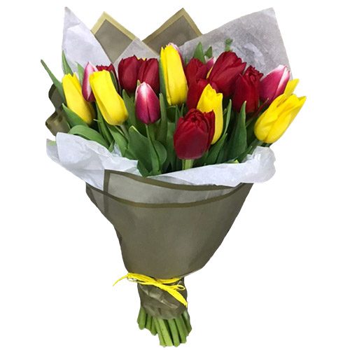 Фото товара 21 красно-жёлтый тюльпан в двойной упаковке в Трускавце