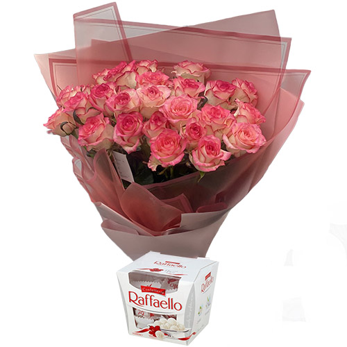 Фото товара 25 рожевих троянд із цукерками в Трускавце
